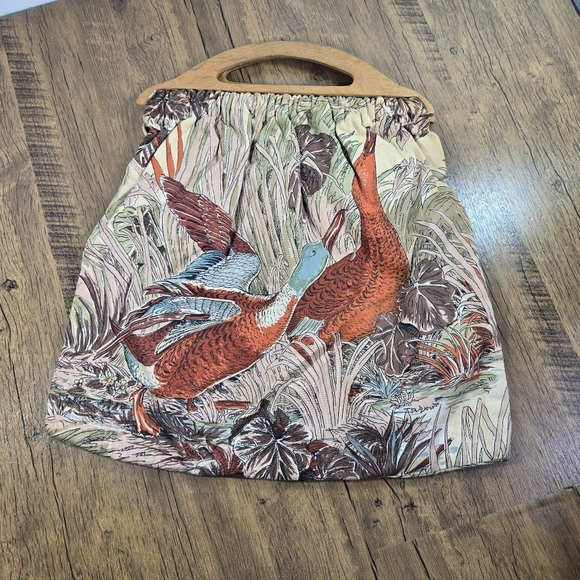 Vtg 70s Wood Handle Duck Fabric Large Handbag - Picture 2 of 8
